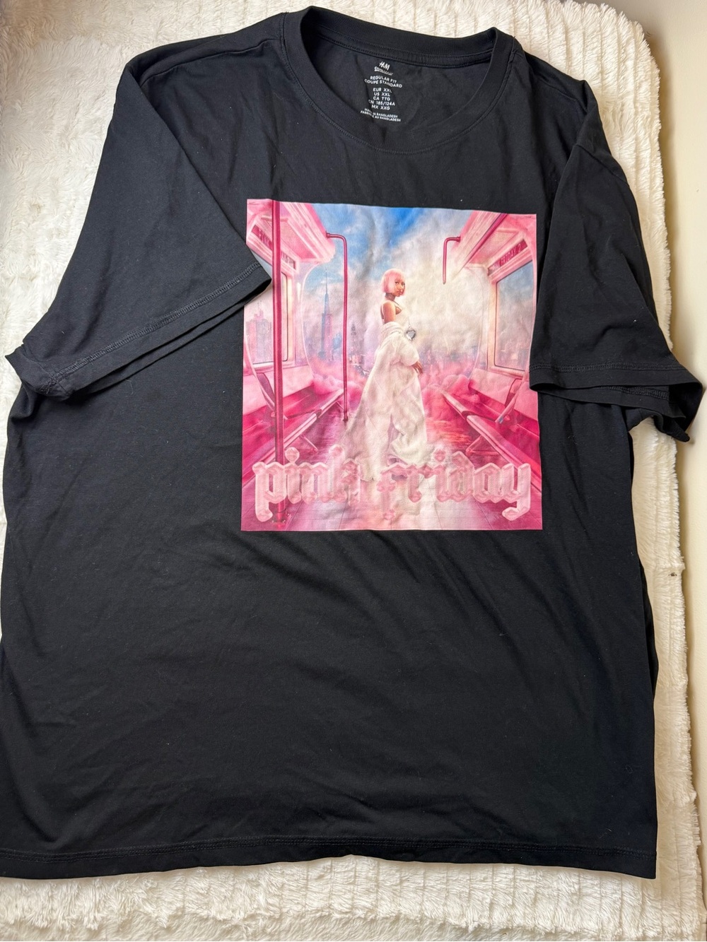 H&M Black Regular Fit Crew Neck Tee with White Print